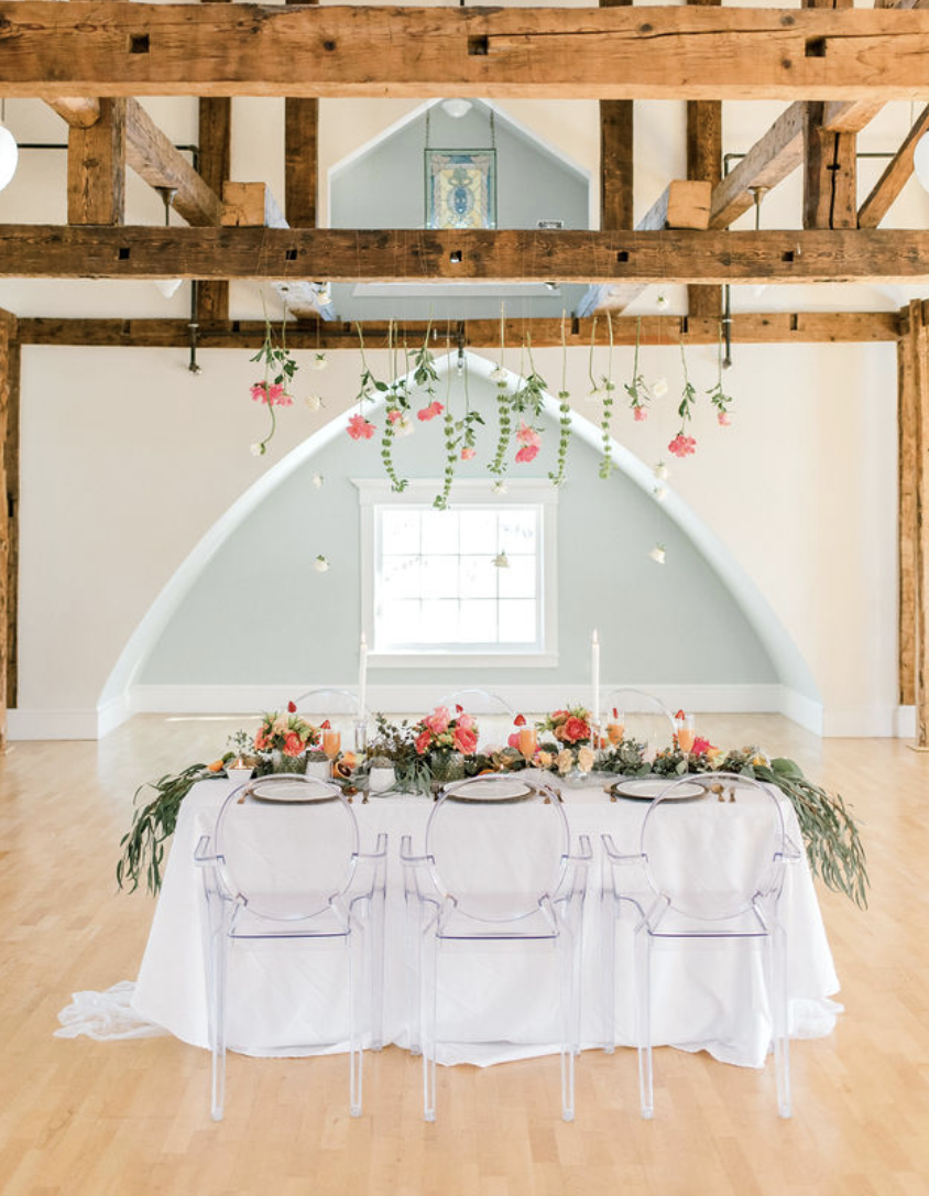 brunch wedding table scape hanging florals
