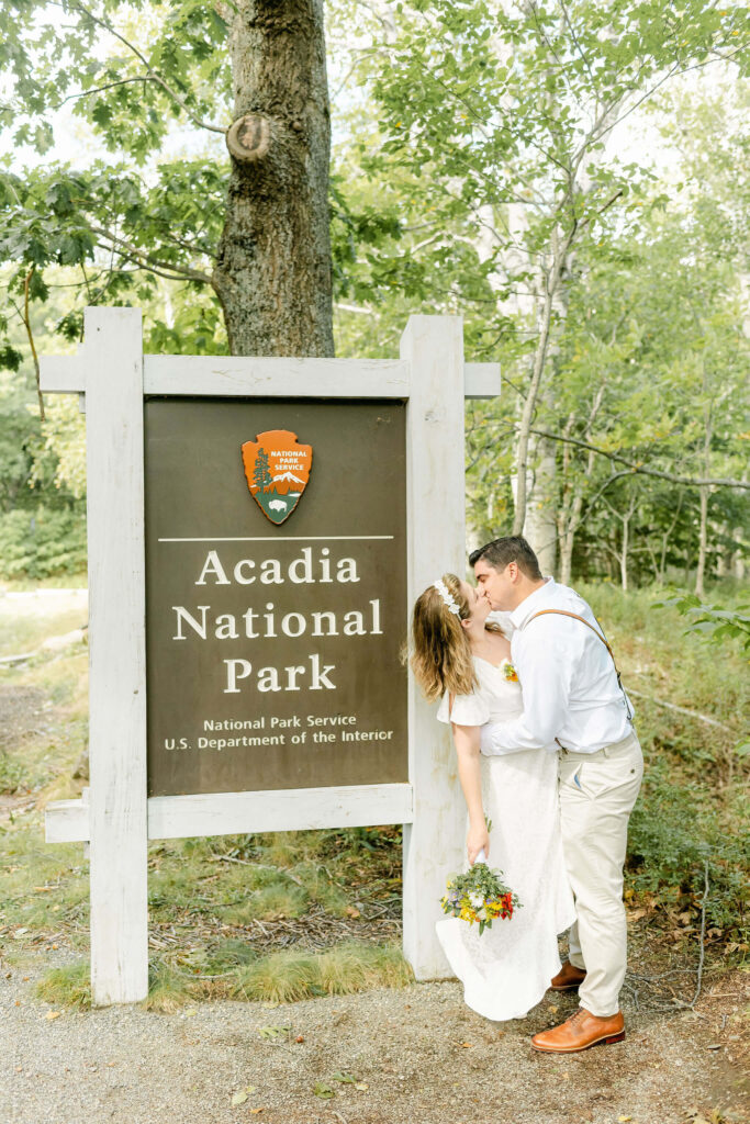Acadia National Park Sign Maine Elopement First Kiss