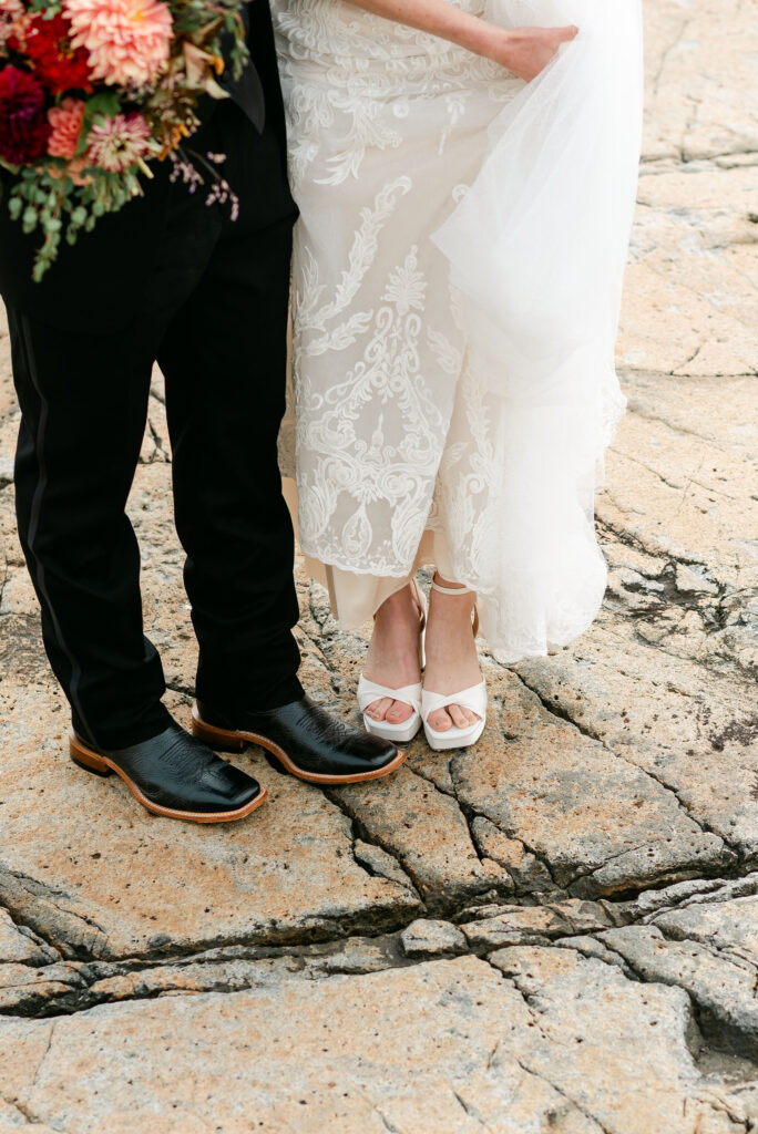 couple bride and groom portraits bouquet acadia national park wedding elopement shoes
