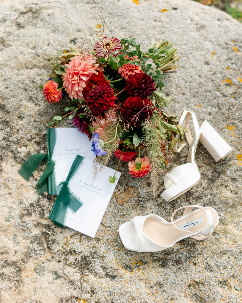 wedding details vow books bouquet shoes 